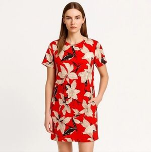 Abercrombie & Fitch Red Floral Print Midi Dress Side Pockets